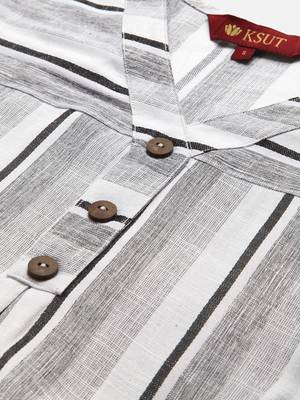 White And Black Stripe Woven Kurta With quarter Sleeves. 4