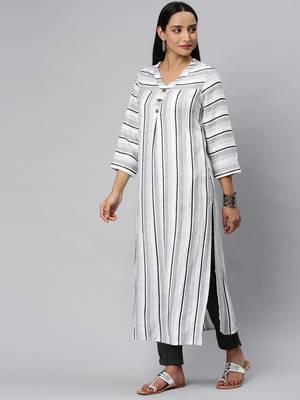 White And Black Stripe Woven Kurta With quarter Sleeves. 5