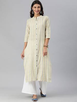 Off White And Yellow Stripe Woven Kurta 1