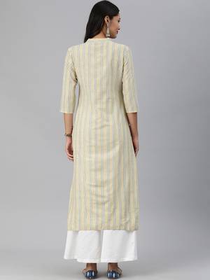 Off White And Yellow Stripe Woven Kurta 2