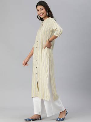 Off White And Yellow Stripe Woven Kurta 3