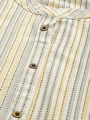 Off White And Yellow Stripe Woven Kurta 4
