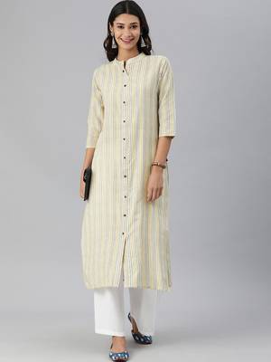Off White And Yellow Stripe Woven Kurta 5