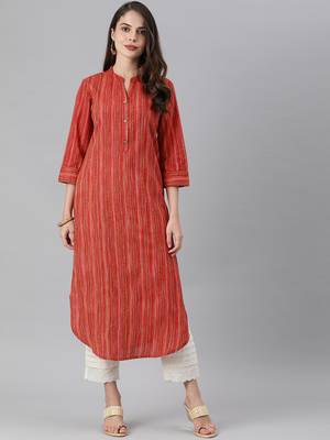 Coral And Multi Color Stripe Straight Kurta With Curved Hemline And Roll Up Sleeves. 1