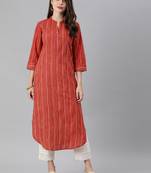 Coral And Multi Color Stripe Straight Kurta With Curved Hemline And Roll Up Sleeves.