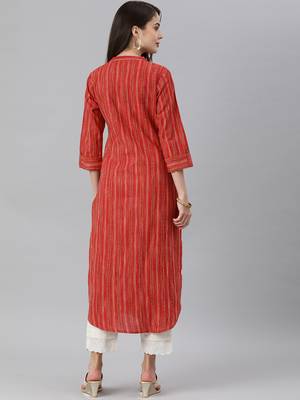 Coral And Multi Color Stripe Straight Kurta With Curved Hemline And Roll Up Sleeves. 2