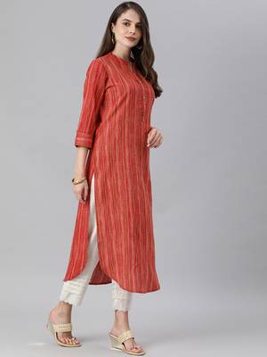Coral And Multi Color Stripe Straight Kurta With Curved Hemline And Roll Up Sleeves. 3