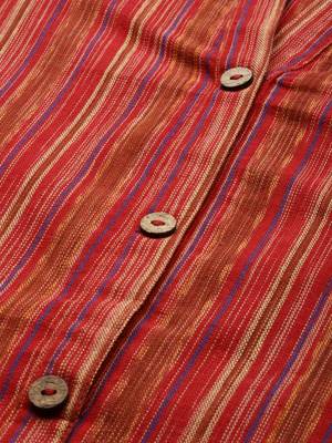 Coral And Multi Color Stripe Straight Kurta With Curved Hemline And Roll Up Sleeves. 4