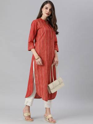 Coral And Multi Color Stripe Straight Kurta With Curved Hemline And Roll Up Sleeves. 5