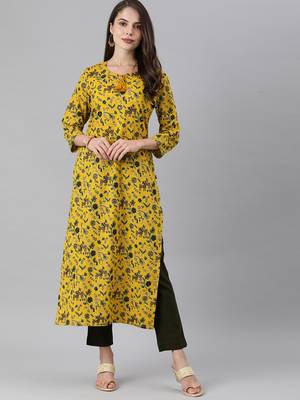 Lime Green Quirky Printed Kurta Trouser Set. 1