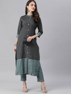 Black Green Stripe Woven Kurta Trouser Set. 1