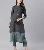 Black Green Stripe Woven Kurta Trouser Set.