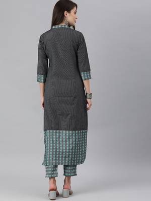 Black Green Stripe Woven Kurta Trouser Set. 2