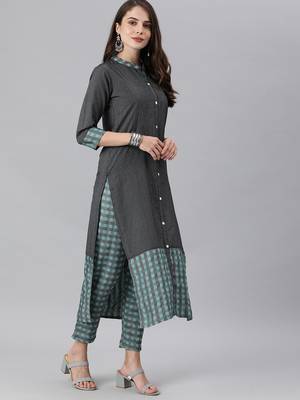 Black Green Stripe Woven Kurta Trouser Set. 3
