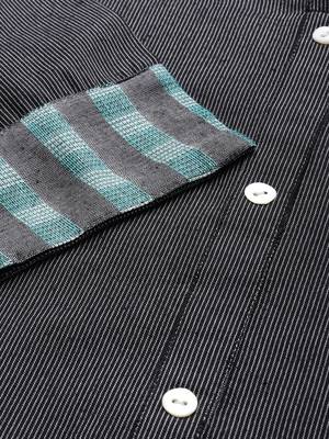 Black Green Stripe Woven Kurta Trouser Set. 4