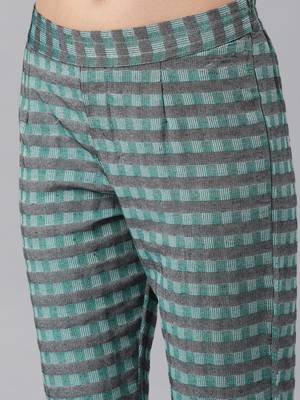 Black Green Stripe Woven Kurta Trouser Set. 5