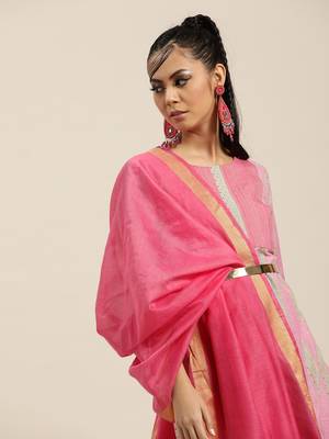 Pink And Multi Color Woven  Straight Kurta With Pink Woven Trouser With Pink Silk Dupatta 1