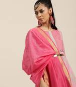 Pink And Multi Color Woven  Straight Kurta With Pink Woven Trouser With Pink Silk Dupatta