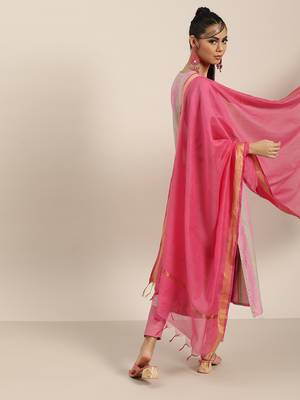 Pink And Multi Color Woven  Straight Kurta With Pink Woven Trouser With Pink Silk Dupatta 2