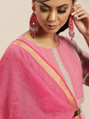 Pink And Multi Color Woven  Straight Kurta With Pink Woven Trouser With Pink Silk Dupatta 4