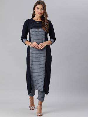 Blue And Grey Handloom Woven Straight Kurta With Woven Straight Trouser 1