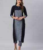 Blue And Grey Handloom Woven Straight Kurta With Woven Straight Trouser