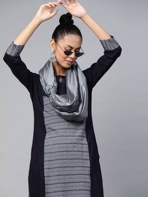Blue And Grey Handloom Woven Straight Kurta With Woven Straight Trouser With Grey Silk Dupatta. 1