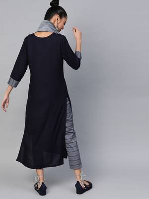 Blue And Grey Handloom Woven Straight Kurta With Woven Straight Trouser With Grey Silk Dupatta. 2