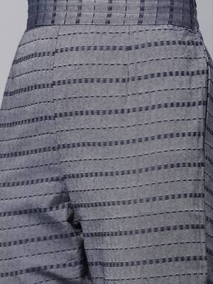 Blue And Grey Handloom Woven Straight Kurta With Woven Straight Trouser With Grey Silk Dupatta. 5