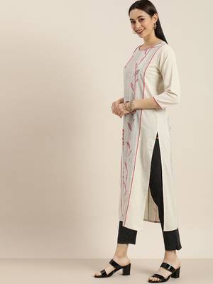 Off White And Pink Floral Printed Straight Kurta With Black And White Stripe Trouser. 1