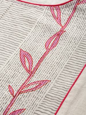 Off White And Pink Floral Printed Straight Kurta With Black And White Stripe Trouser. 2