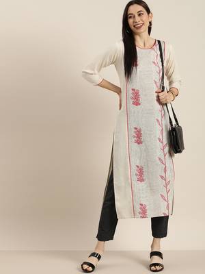 Off White And Pink Floral Printed Straight Kurta With Black And White Stripe Trouser. 4