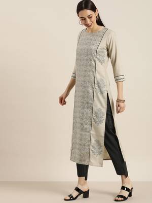 Beige And Black Floral Printed Kurta With Black And White Stripe Woven Trouser. 1