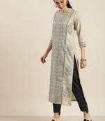 Beige And Black Floral Printed Kurta With Black And White Stripe Woven Trouser.