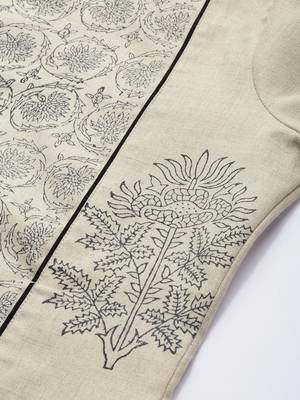 Beige And Black Floral Printed Kurta With Black And White Stripe Woven Trouser. 2