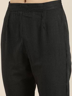 Beige And Black Floral Printed Kurta With Black And White Stripe Woven Trouser. 3