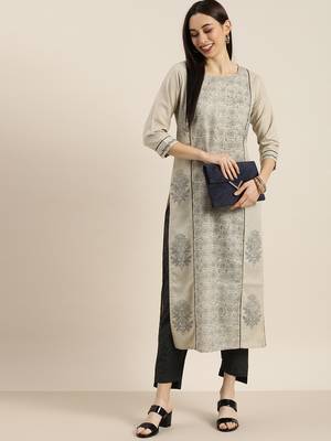 Beige And Black Floral Printed Kurta With Black And White Stripe Woven Trouser. 4