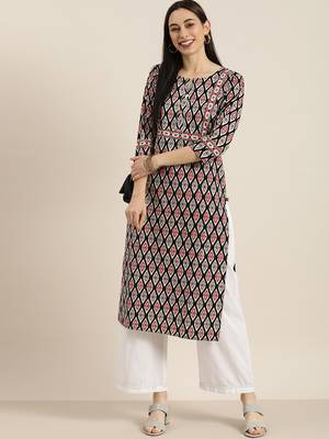 Black And Beige Ikkat Printed Kurta With White Gota Palazzo 4