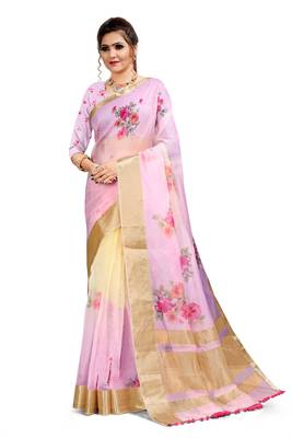 Women's Pink Organza Printed Saree With Blouse Piece 1