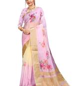 Women's Pink Organza Printed Saree With Blouse Piece