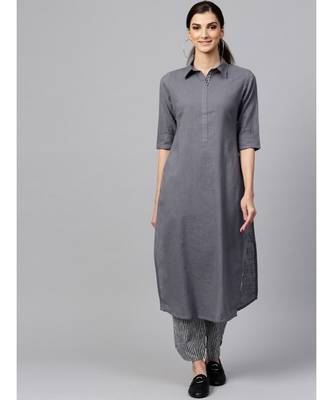 Indo Era Grey Solid Straight Kurta Sets 1