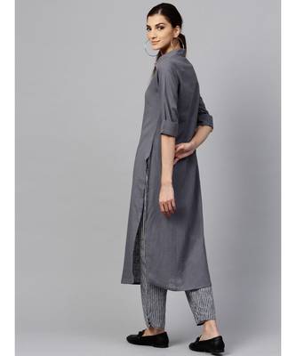 Indo Era Grey Solid Straight Kurta Sets 2