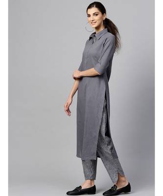 Indo Era Grey Solid Straight Kurta Sets 3