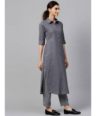 Indo Era Grey Solid Straight Kurta Sets 4