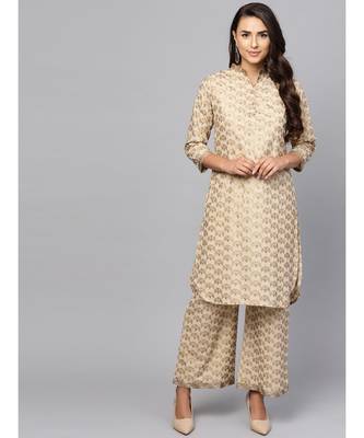 Indo Era Beige Printed Curved Kurta Sets 1