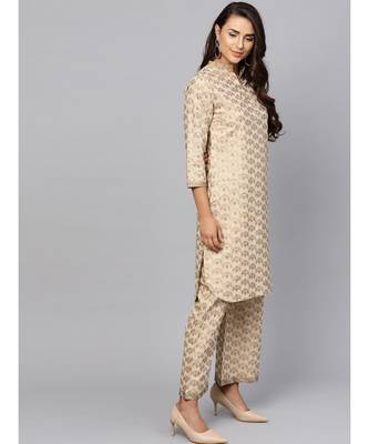 Indo Era Beige Printed Curved Kurta Sets 3