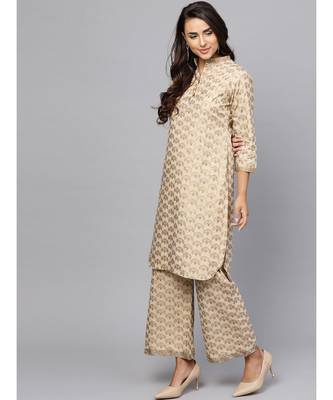 Indo Era Beige Printed Curved Kurta Sets 4
