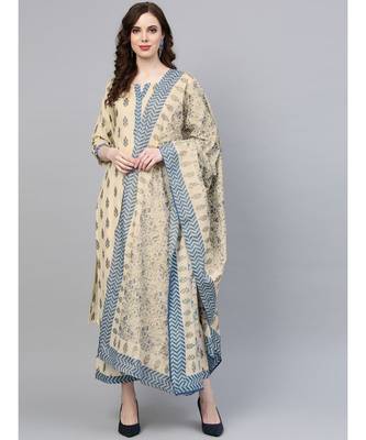 Indo Era Beige Printed Straight Kurta Sets 1
