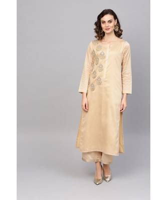 Indo Era Beige Embroidered Staright Kurta with Palazzo Set 1