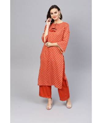 Indo Era Rust Bandhani Printed Straight Kurta with Palazzo Set 1
